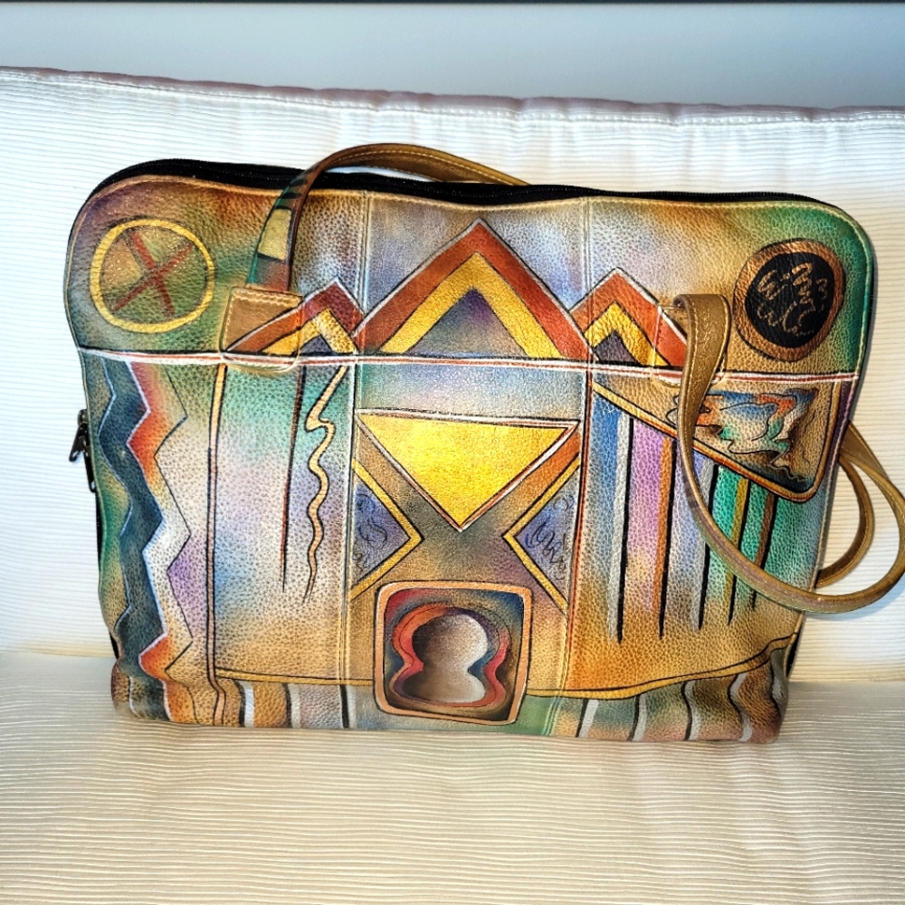 Genuine Annuschka  handpainted leather bag. Multicolored.